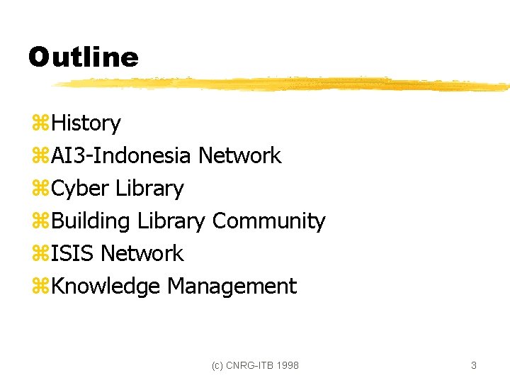 Outline z. History z. AI 3 -Indonesia Network z. Cyber Library z. Building Library