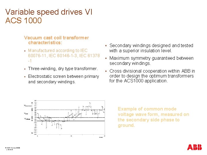 Variable speed drives VI ACS 1000 Vacuum cast coil transformer characteristics: § Manufactured according