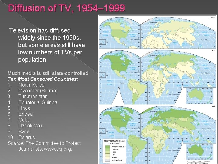 Diffusion of TV, 1954– 1999 Television has diffused widely since the 1950 s, but