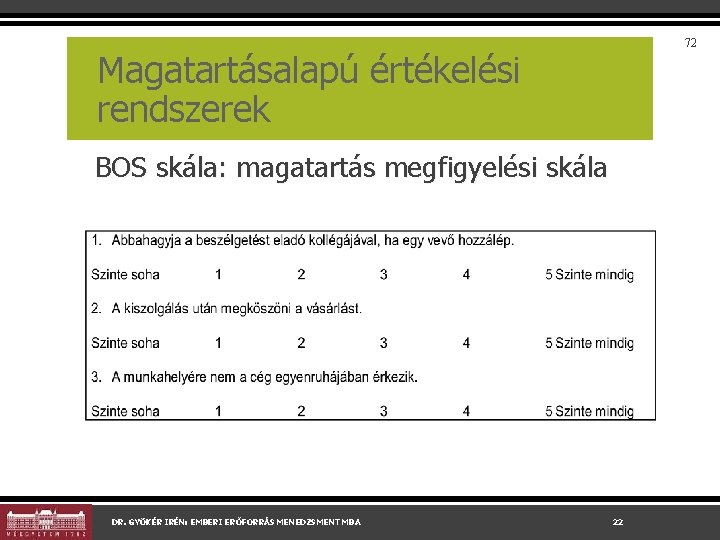72 Magatartásalapú értékelési rendszerek BOS skála: magatartás megfigyelési skála DR. GYÖKÉR IRÉN: EMBERI ERŐFORRÁS 72 Magatartásalapú értékelési rendszerek BOS skála: magatartás megfigyelési skála DR. GYÖKÉR IRÉN: EMBERI ERŐFORRÁS