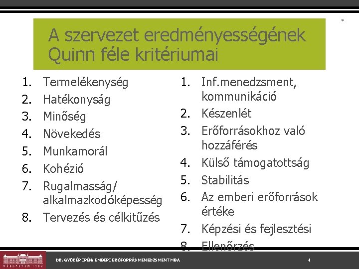* A szervezet eredményességének Quinn féle kritériumai 1. 2. 3. 4. 5. 6. 7. * A szervezet eredményességének Quinn féle kritériumai 1. 2. 3. 4. 5. 6. 7.