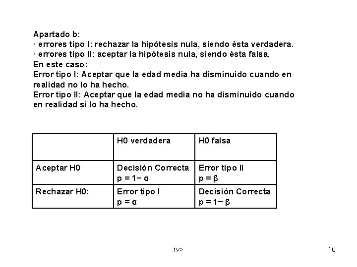 Apartado b: · errores tipo I: rechazar la hipótesis nula, siendo ésta verdadera. ·