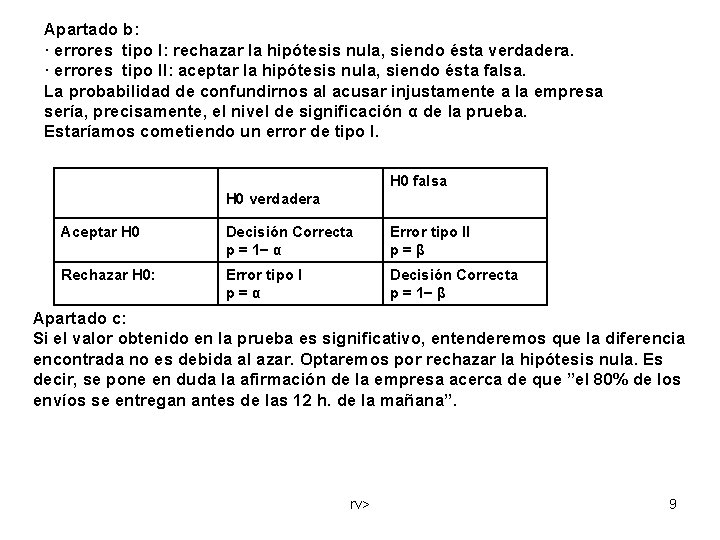 Apartado b: · errores tipo I: rechazar la hipótesis nula, siendo ésta verdadera. ·