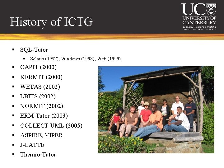 History of ICTG § SQL-Tutor § Solaris (1997), Windows (1998), Web (1999) § CAPIT