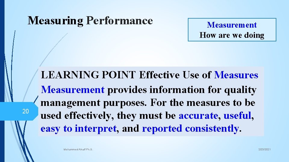 Measuring Performance 20 Measurement How are we doing LEARNING POINT Effective Use of Measures