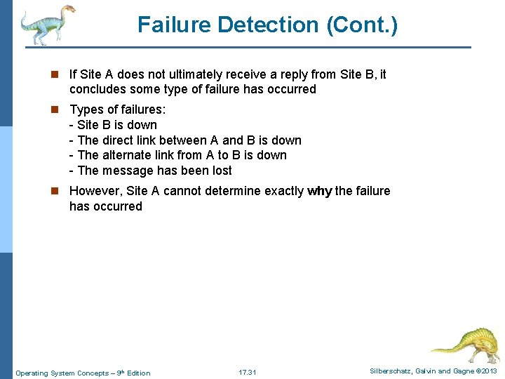 Failure Detection (Cont. ) n If Site A does not ultimately receive a reply