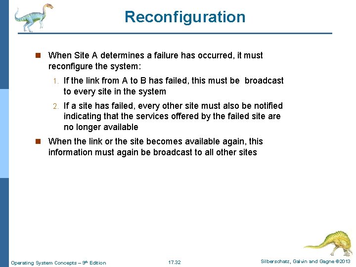 Reconfiguration n When Site A determines a failure has occurred, it must reconfigure the