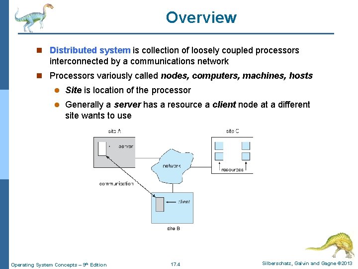 Overview n Distributed system is collection of loosely coupled processors interconnected by a communications