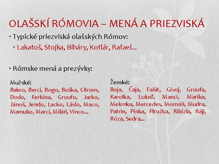 OLAŠSKÍ RÓMOVIA – MENÁ A PRIEZVISKÁ • Typické priezviská olašských Rómov: • Lakatoš, Stojka,