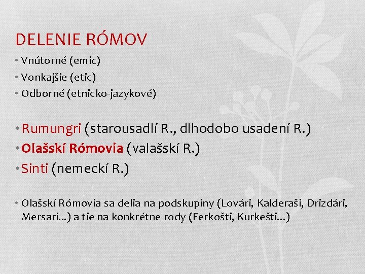 DELENIE RÓMOV • Vnútorné (emic) • Vonkajšie (etic) • Odborné (etnicko-jazykové) • Rumungri (starousadlí