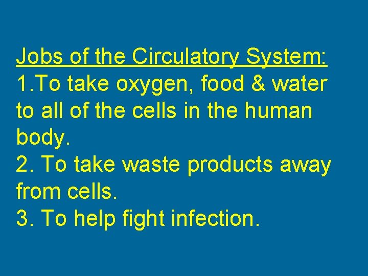 Jobs of the Circulatory System: 1. To take oxygen, food & water to all