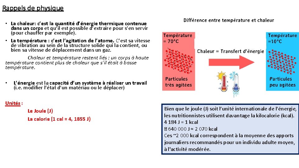 Rappels de physique • La chaleur: c’est la quantité d’énergie thermique contenue dans un