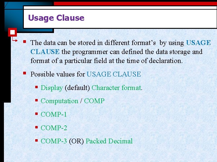 Usage Clause § The data can be stored in different format’s by using USAGE