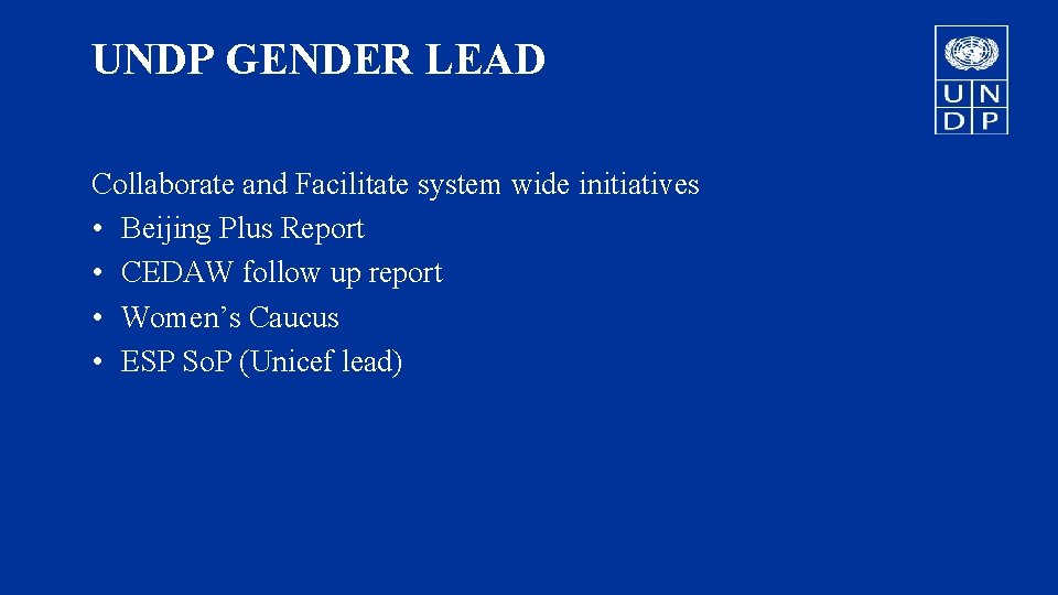 UNDP GENDER LEAD Collaborate and Facilitate system wide initiatives • Beijing Plus Report •