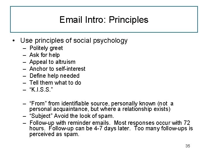 Email Intro: Principles • Use principles of social psychology – – – – Politely