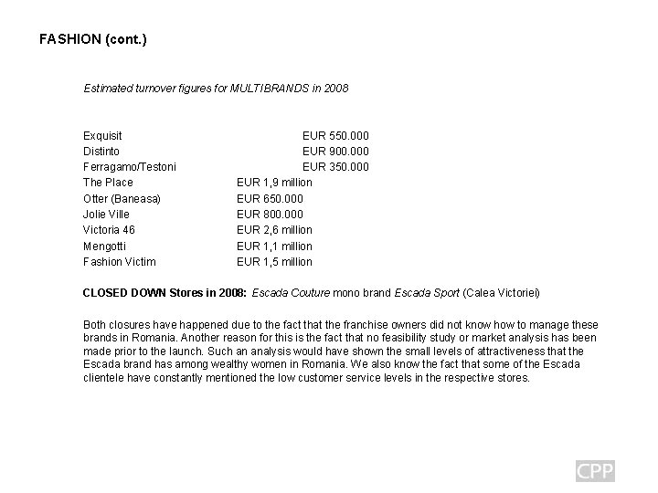 FASHION (cont. ) Estimated turnover figures for MULTIBRANDS in 2008 Exquisit Distinto Ferragamo/Testoni The