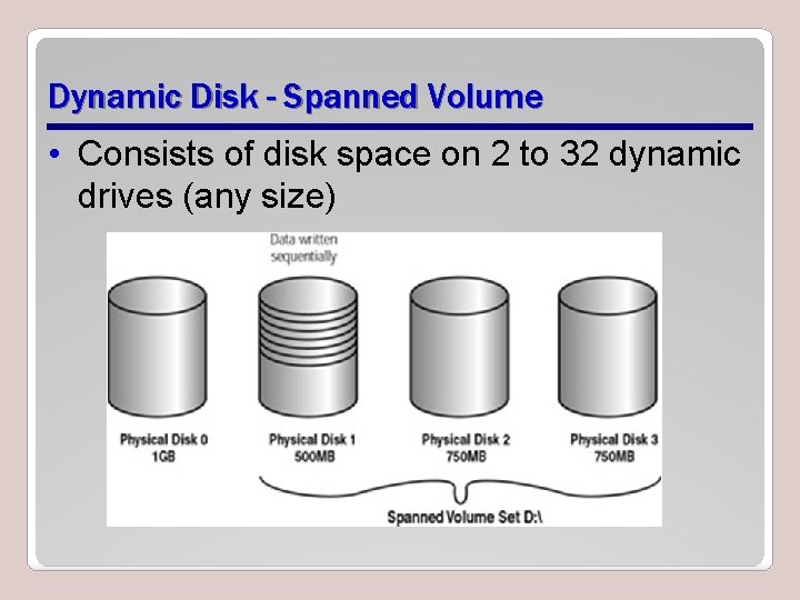 Dynamic Disk - Spanned Volume • Consists of disk space on 2 to 32