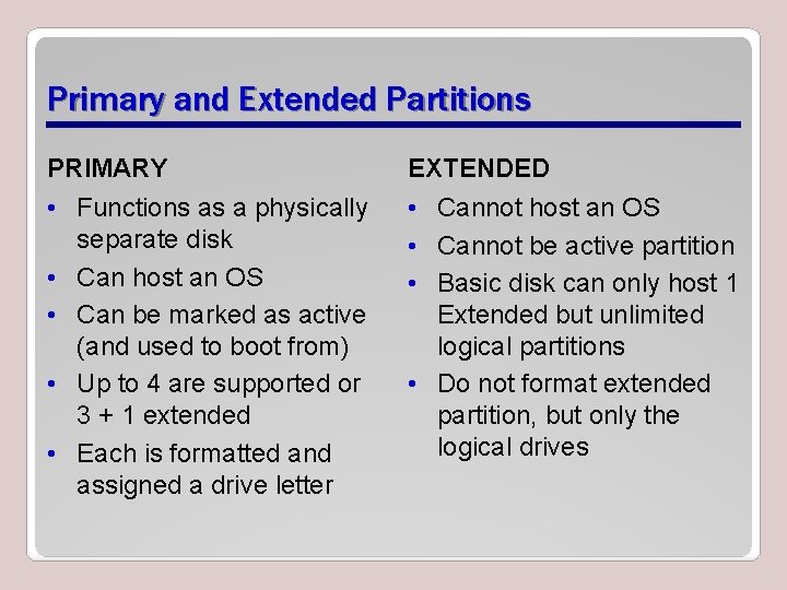 Primary and Extended Partitions PRIMARY EXTENDED • Functions as a physically separate disk •