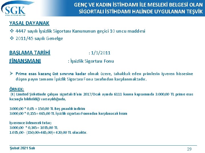 GENÇ VE KADIN İSTİHDAMI İLE MESLEKİ BELGESİ OLAN SİGORTALI İSTİHDAMI HALİNDE UYGULANAN TEŞVİK YASAL GENÇ VE KADIN İSTİHDAMI İLE MESLEKİ BELGESİ OLAN SİGORTALI İSTİHDAMI HALİNDE UYGULANAN TEŞVİK YASAL