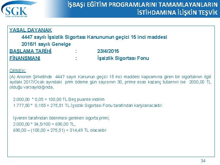 İŞBAŞI EĞİTİM PROGRAMLARINI TAMAMLAYANLARIN İSTİHDAMINA İLİŞKİN TEŞVİK YASAL DAYANAK 4447 sayılı İşsizlik Sigortası Kanununun İŞBAŞI EĞİTİM PROGRAMLARINI TAMAMLAYANLARIN İSTİHDAMINA İLİŞKİN TEŞVİK YASAL DAYANAK 4447 sayılı İşsizlik Sigortası Kanununun