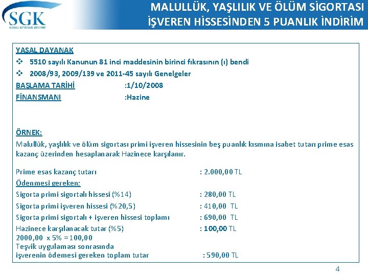MALULLÜK, YAŞLILIK VE ÖLÜM SİGORTASI İŞVEREN HİSSESİNDEN 5 PUANLIK İNDİRİM YASAL DAYANAK v 5510 MALULLÜK, YAŞLILIK VE ÖLÜM SİGORTASI İŞVEREN HİSSESİNDEN 5 PUANLIK İNDİRİM YASAL DAYANAK v 5510