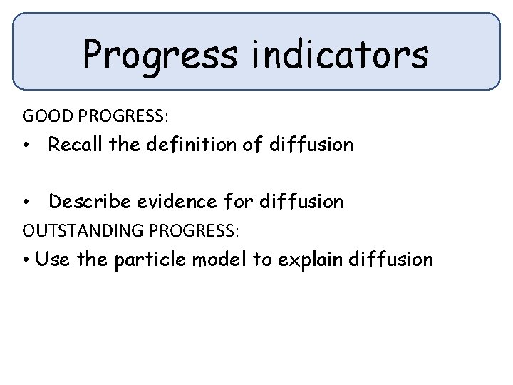 Progress indicators GOOD PROGRESS: • Recall the definition of diffusion • Describe evidence for