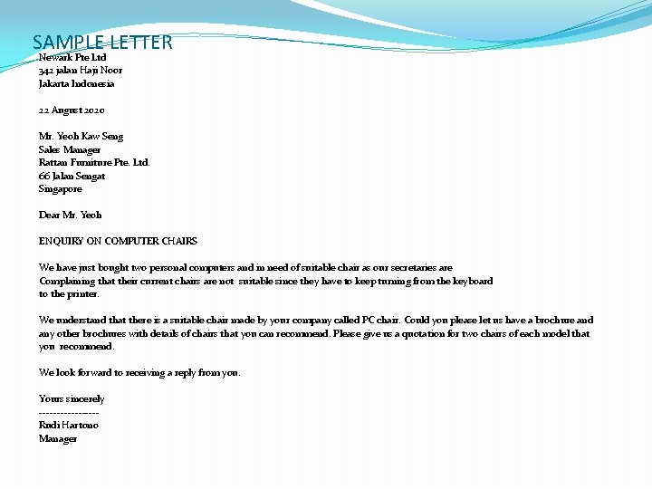 SAMPLE LETTER Newark Pte Ltd 342 jalan Haji Noor Jakarta Indonesia 22 August 2020