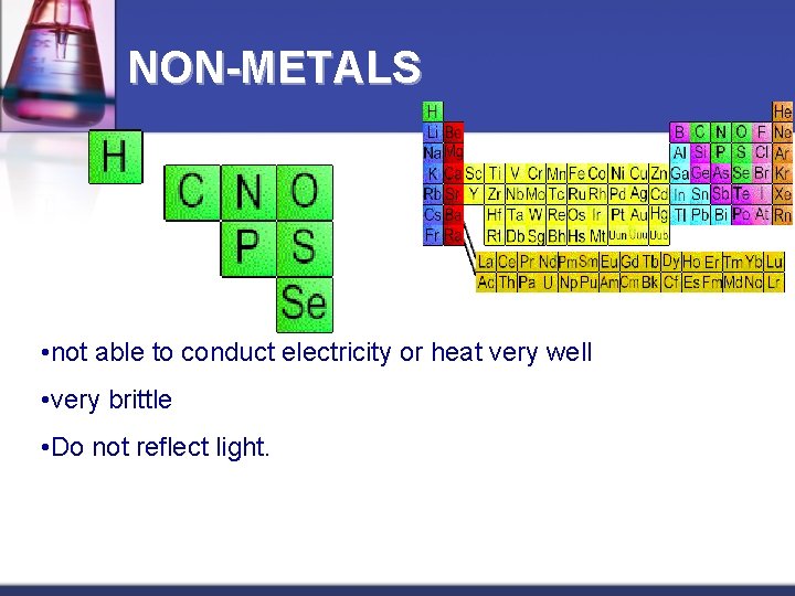 NON-METALS • not able to conduct electricity or heat very well • very brittle