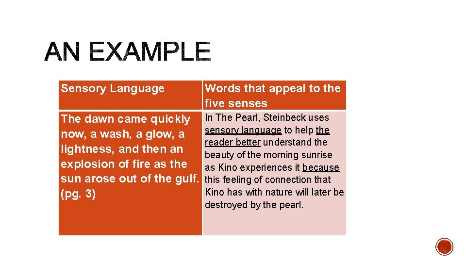 Sensory Language Words that appeal to the five senses The dawn came quickly In