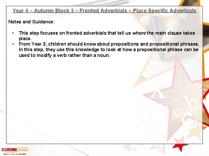 Year 4 – Autumn Block 3 – Fronted Adverbials – Place Specific Adverbials Notes
