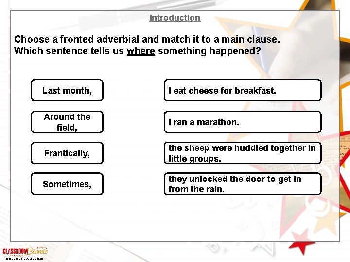 Introduction Choose a fronted adverbial and match it to a main clause. Which sentence