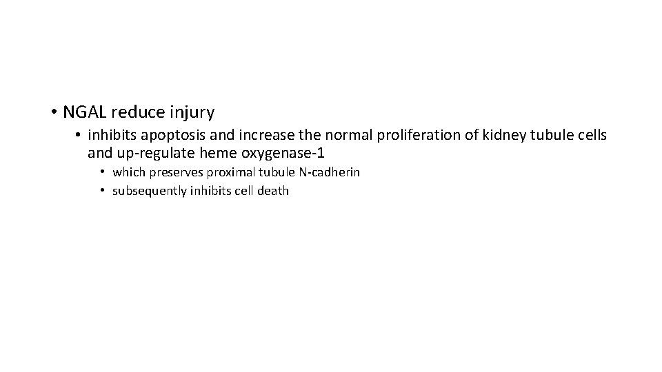  • NGAL reduce injury • inhibits apoptosis and increase the normal proliferation of
