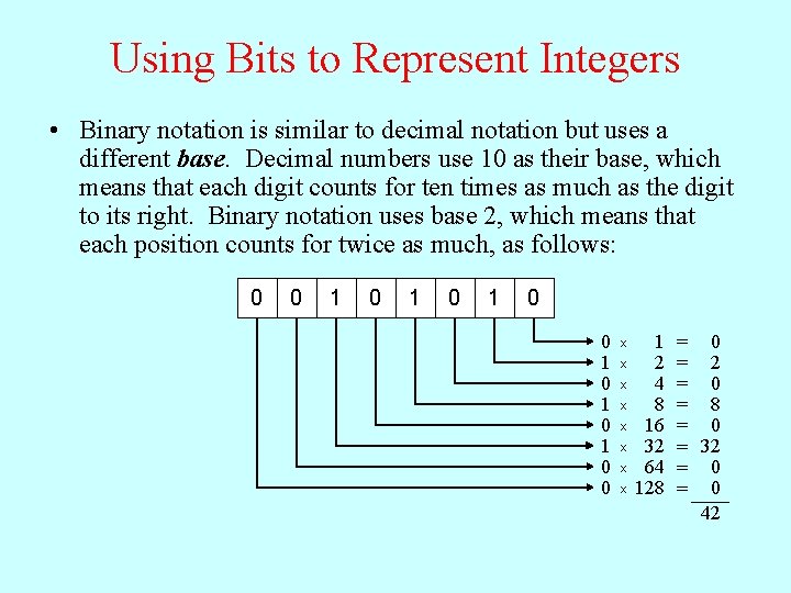 Using Bits to Represent Integers • Binary notation is similar to decimal notation but