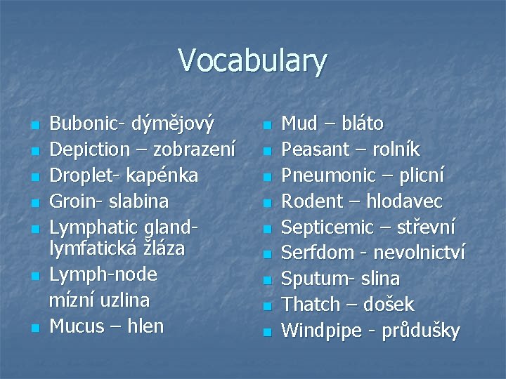 Vocabulary n n n n Bubonic- dýmějový Depiction – zobrazení Droplet- kapénka Groin- slabina