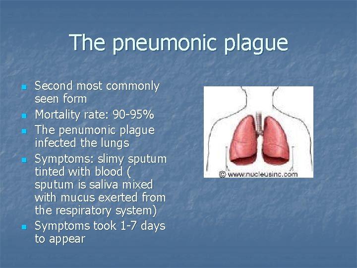 The pneumonic plague n n n Second most commonly seen form Mortality rate: 90