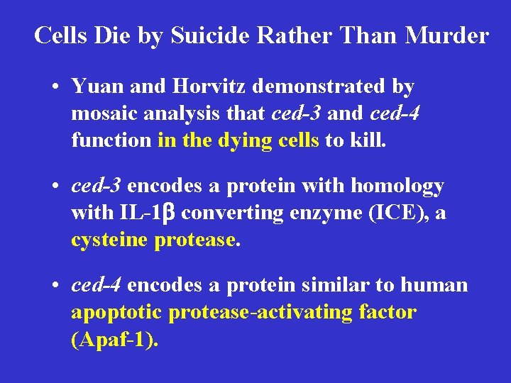 Cells Die by Suicide Rather Than Murder • Yuan and Horvitz demonstrated by mosaic