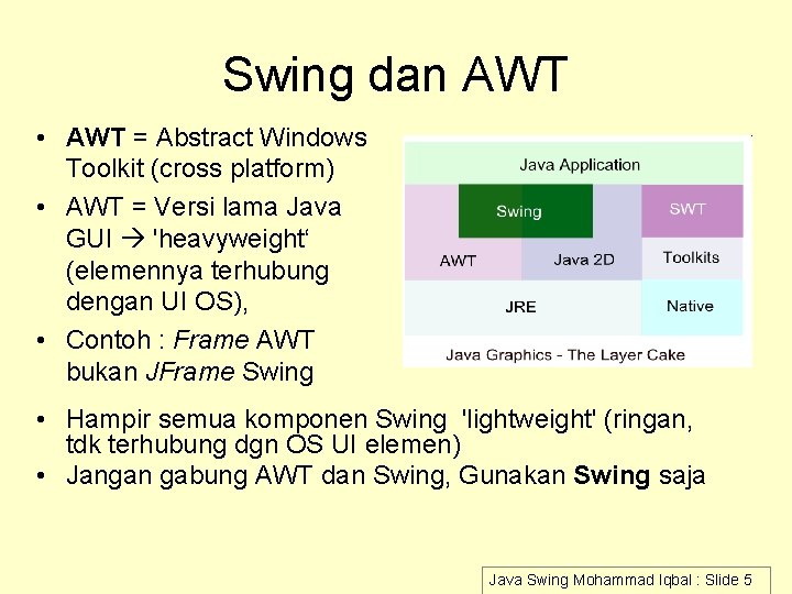 Swing dan AWT • AWT = Abstract Windows Toolkit (cross platform) • AWT =