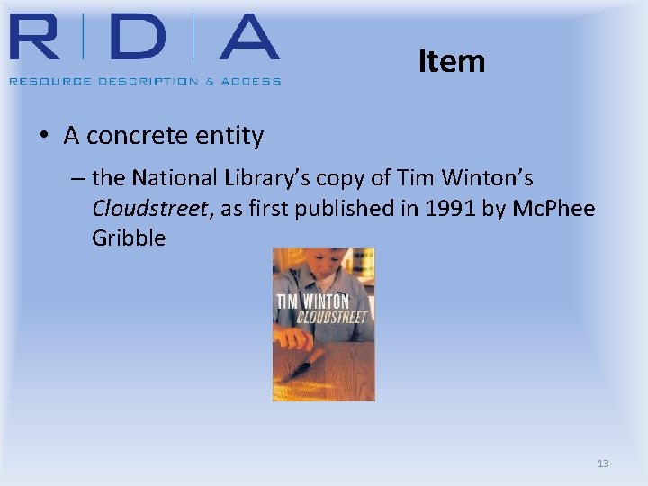 Item • A concrete entity – the National Library’s copy of Tim Winton’s Cloudstreet,