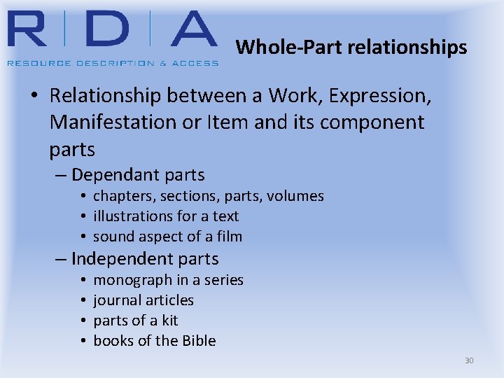 Whole-Part relationships • Relationship between a Work, Expression, Manifestation or Item and its component