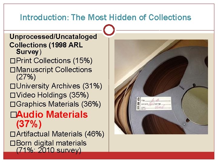 Introduction: The Most Hidden of Collections Unprocessed/Uncataloged Collections (1998 ARL Survey) �Print Collections (15%)