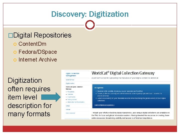 Discovery: Digitization �Digital Repositories Content. Dm Fedora/DSpace Internet Archive Digitization often requires item level