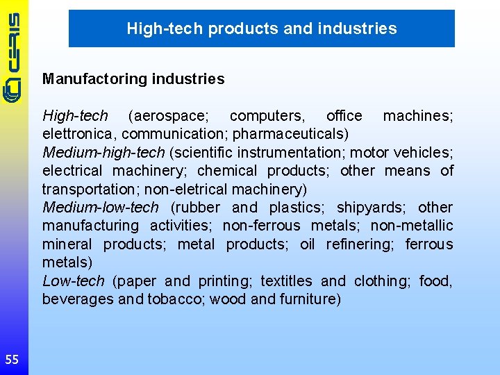 High-tech products and industries Manufactoring industries High-tech (aerospace; computers, office machines; elettronica, communication; pharmaceuticals)