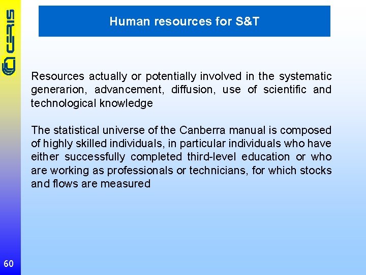 Human resources for S&T Resources actually or potentially involved in the systematic generarion, advancement,