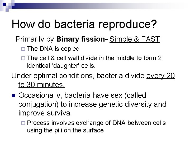 How do bacteria reproduce? Primarily by Binary fission- Simple & FAST! ¨ The DNA