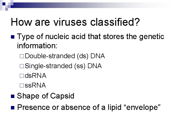 How are viruses classified? n Type of nucleic acid that stores the genetic information: