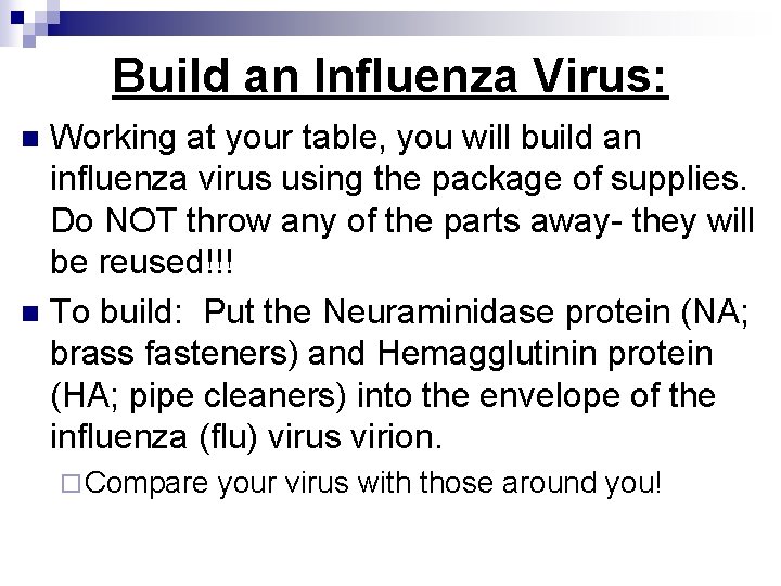 Build an Influenza Virus: Working at your table, you will build an influenza virus