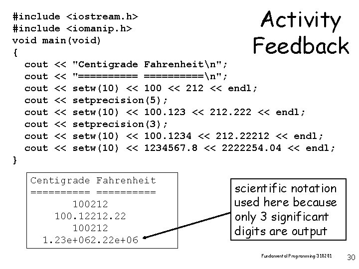 Activity Feedback #include <iostream. h> #include <iomanip. h> void main(void) { cout << "Centigrade