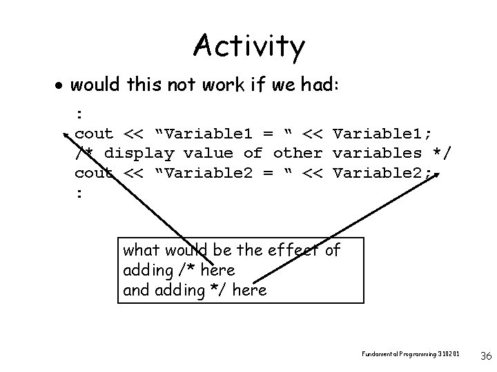 Activity · would this not work if we had: : cout << “Variable 1