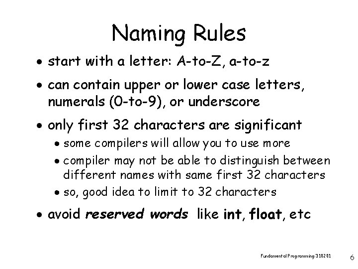 Naming Rules · start with a letter: A-to-Z, a-to-z · can contain upper or