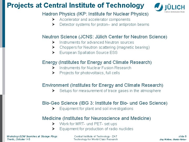 Projects at Central Institute of Technology Hadron Physics (IKP: Institute for Nuclear Physics) Accelerator